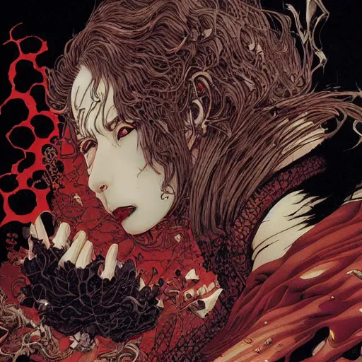 Image similar to closeup of vampire kiss, melting, by yoichi hatakenaka, masamune shirow, josan gonzales and dan mumford, ayami kojima, takato yamamoto, karol bak