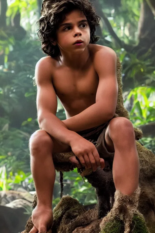 Image similar to young jake t. austin plays mowgli in the live action adaptation of the jungle book, 3 5 mm photography, highly detailed, cinematic lighting, 4 k