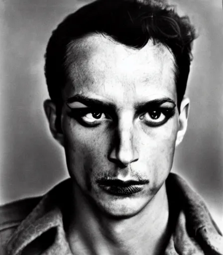 Prompt: a high quality, high detail, portrait of an attractive criminal by richard avedon, intense look in the eyes, moody, nostalgic