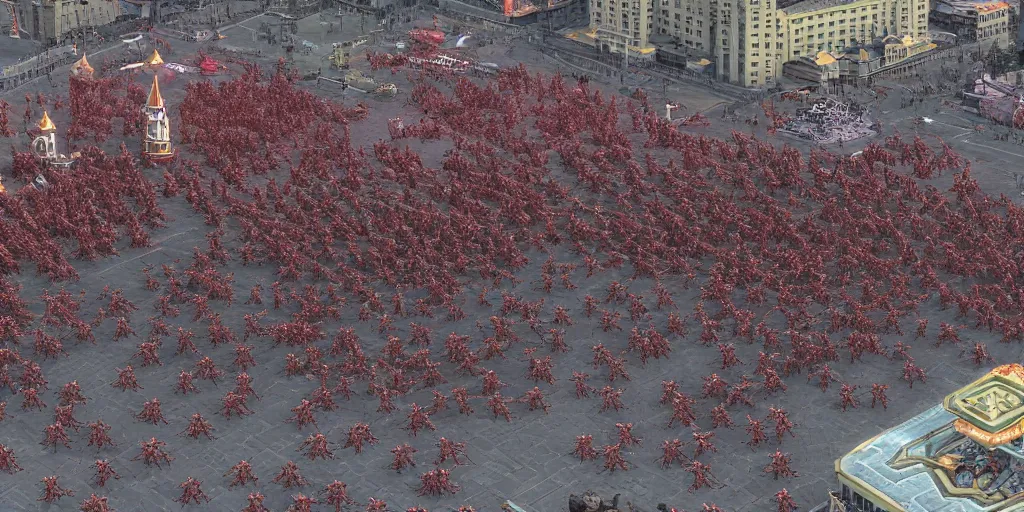 Prompt: Starcraft 2 Zerg Army Swarm on the red square Moscow