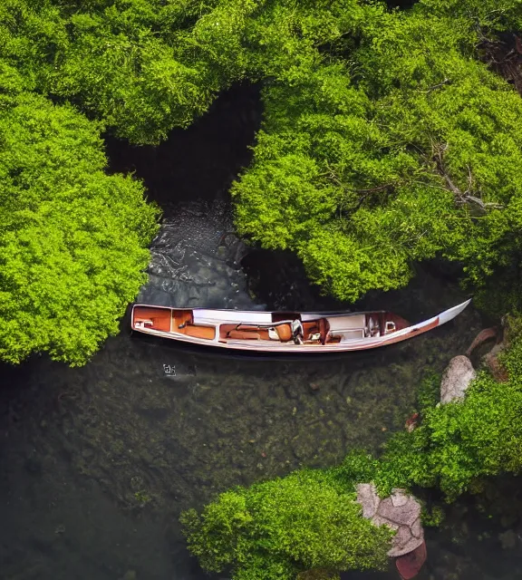 Image similar to an overhead close shot of a boat in a narrow stream, shady, ripples, reflections, trees, stream shore. By Makoto Shinkai, Stanley Artgerm Lau, WLOP, Rossdraws, James Jean, Andrei Riabovitchev, Marc Simonetti, krenz cushart, Sakimichan, trending on ArtStation, digital art.