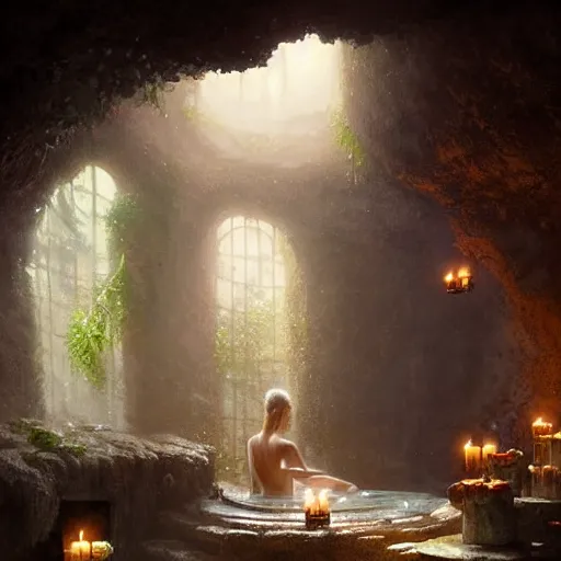 Image similar to cozy bathhouse hidden in a cave, candlelight, towels, cushions, natural light, lush plants and flowers, elegant, intricate, fantasy, atmospheric lighting, digital painting, Greg Rutkowski concept art