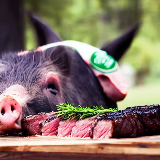 Prompt: photo of pig eating steak, 5 0 mm, beautiful photo