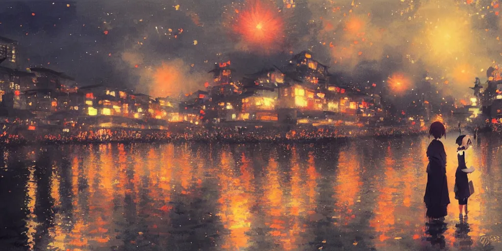 Image similar to anime kyoto animation key by greg rutkowski night, fireworks festival at river bank, kimono