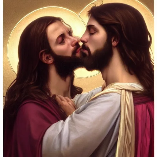 Image similar to jesus kissing a sensual woman in jerusalem, elegant, highly detailed, digital painting, artstation, concept art, matte, sharp focus, highly detailed, 4 k, hdr, smooth, sharp focus, high resolution, award - winning photo, photorealistic, art by artgerm and greg rutkowski and alphonse mucha, large shot