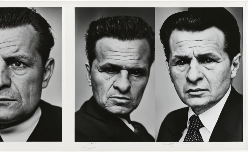 Prompt: 50s movie still close-up portrait of Josip Broz Tito and close-up portrait of Nicolae Ceaușescu, by Irving Penn , Cinestill 800t 35mm , heavy grainy picture, very detailed, high quality, 4k, HD criterion, precise texture,