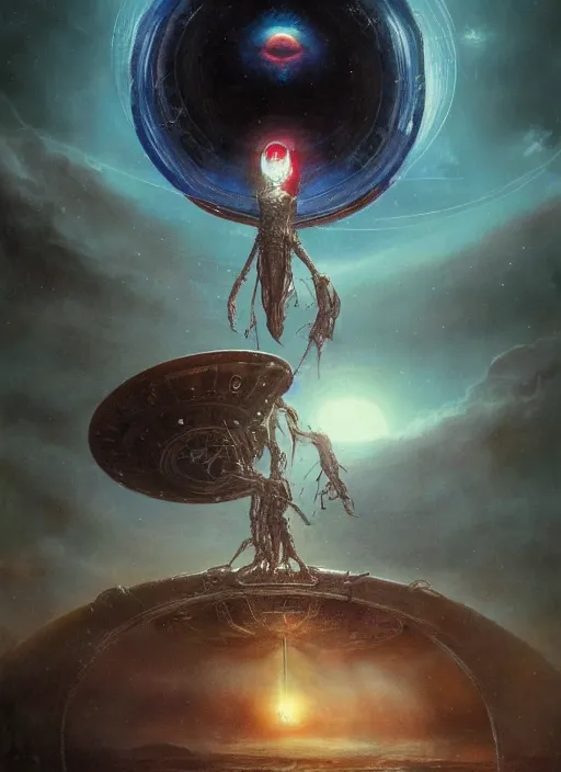 Prompt: alien flying saucer tarot card,highly detailed,cinematic,8k,by Stanley Artgermm,Tom Bagshaw,Greg Rutkowski,Carne Griffiths, Ayami Kojima, Beksinski, Giger,trending on DeviantArt,hyper detailed,horror, full of colour