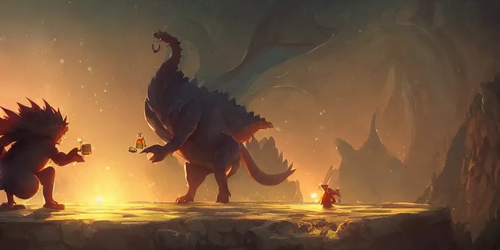 Image similar to a dwarf and his pet dragon drinking a beer together | gapmoe kuudere moody lighting stunning bokeh highlights sharp contrast | trending pixiv fanbox | by greg rutkowski makoto shinkai takashi takeuchi studio ghibli