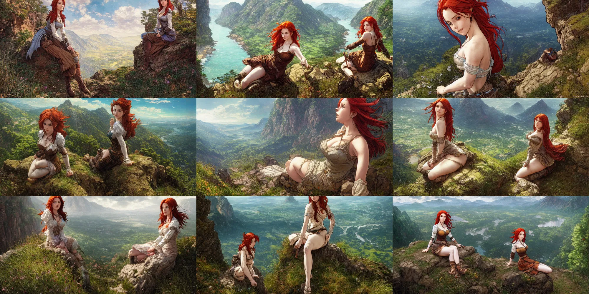 Prompt: alluring highly detailed manga line art wide-angle portrait of (1) Triss from the Witcher 3 sitting on the edge of a cliff overlooking a fantasy valley, very detailed, realistic, by Stanley Artgerm Lau, greg rutkowski, thomas kindkade, alphonse mucha, loish, norman rockwell J.