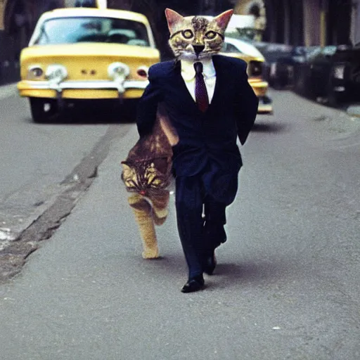 Prompt: a businessman cat going to work, 1 9 7 0 colour photography, award winning