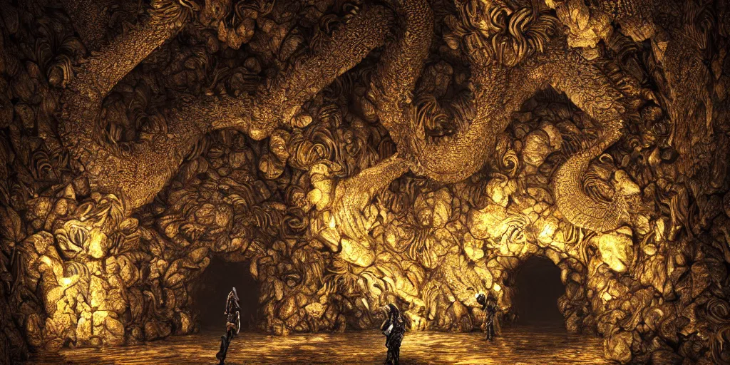 Prompt: The gold horde of a huge black dragon in a mine underground made out of intricately carved stone in a dark cavern, rainy, fantasy digital art, octane render, beautiful composition, trending on artstation, award-winning photograph, masterpiece