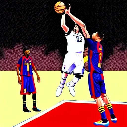 Image similar to Messi dunking on Ronaldo in the NBA, illustration,