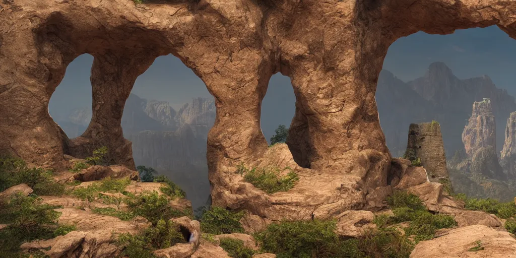 Prompt: Rocky arch connect two sides from left to right over the canyon, in the distance ancient castle with destroyed tower, highly detailed, matte painting, wide lens, ultra realistic, 4k, 8k resolution, trending on artstation, octane render, unreal engine.