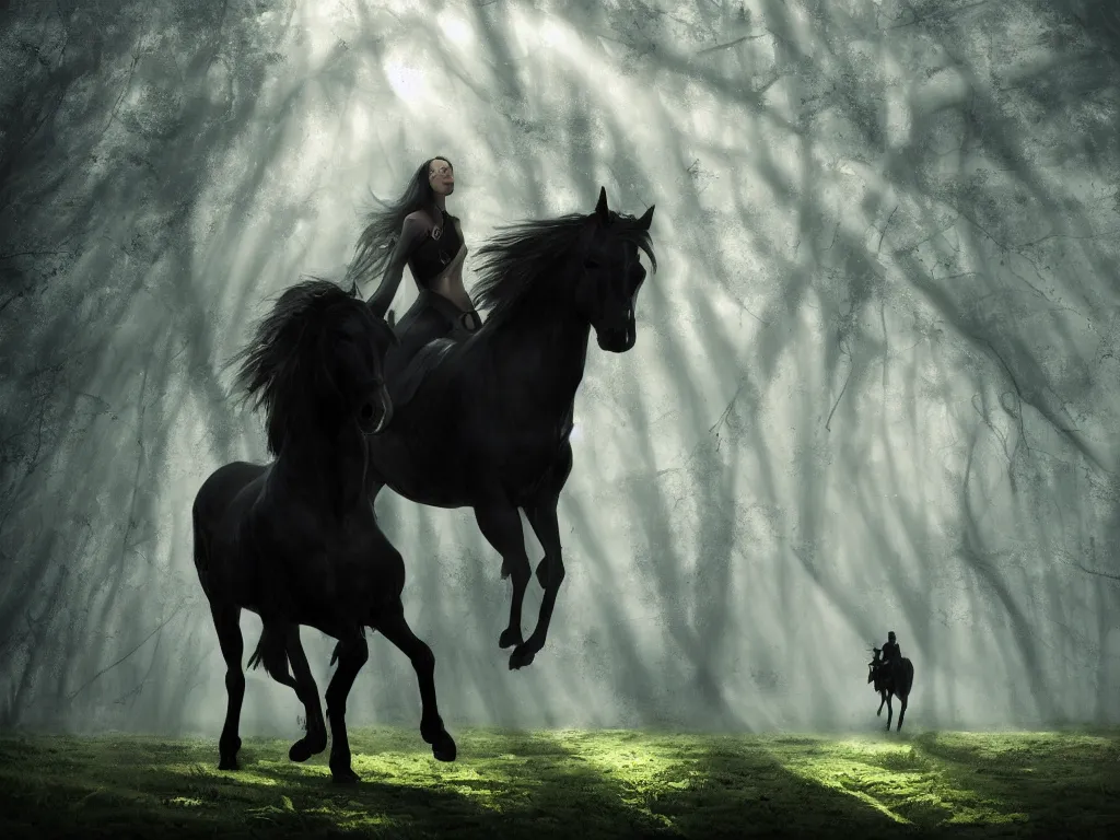 Image similar to a woman riding on a black horse through a oak and beech forrest, rays of light, cinematic, fantasy art, moody morning light, trending on artstation, by peter jackson