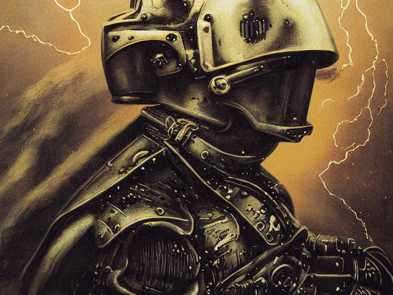 Image similar to a detailed profile painting of a bounty hunter in cloth and metal armour and visor. WW1 cinematic sci-fi poster. Cloth and metal. Welding, fire, flames, samurai Flight suit, accurate anatomy portrait symmetrical and science fiction theme with lightning, aurora lighting clouds and stars. Clean and minimal design by beksinski carl spitzweg giger and tuomas korpi. baroque elements. baroque element. intricate artwork by caravaggio. Oil painting. Trending on artstation. 8k