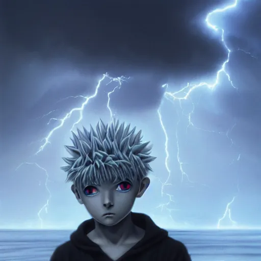Image similar to killua zoldyck made by zdzisław beksinski, thunderstorm, lighting, blue, pose, 8 k, detailed, high quality, 8 k