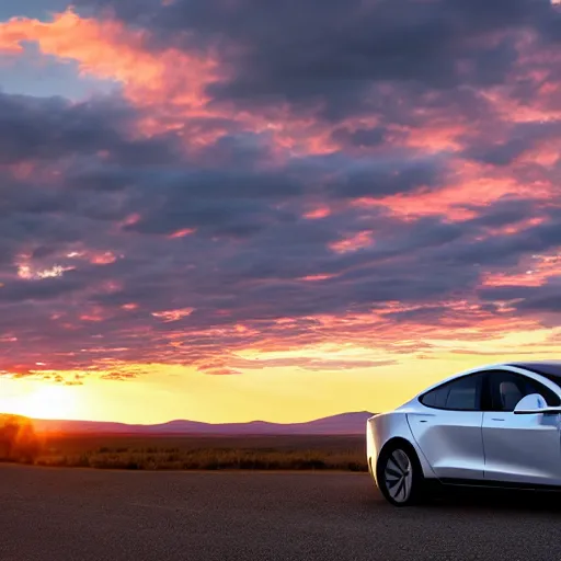 Image similar to a tesla car in central Oregon at sunset