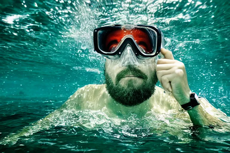 Image similar to closeup potrait of a man snorkeling underwater in submerged new york, photograph, natural light, sharp, detailed face, magazine, press, photo, Steve McCurry, David Lazar, Canon, Nikon, focus