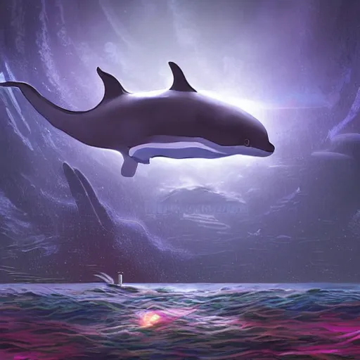 Image similar to a city under the ocean on an alien world, and a whale who feels disconnected from it wistfully watching a spaceship fly away, sci-fi digital art illustration,