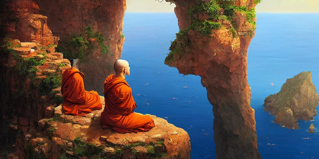 Image similar to a monk sits on the cliff ledge in the lotus position looking out onto a vast ocean, by Marc Simonetti