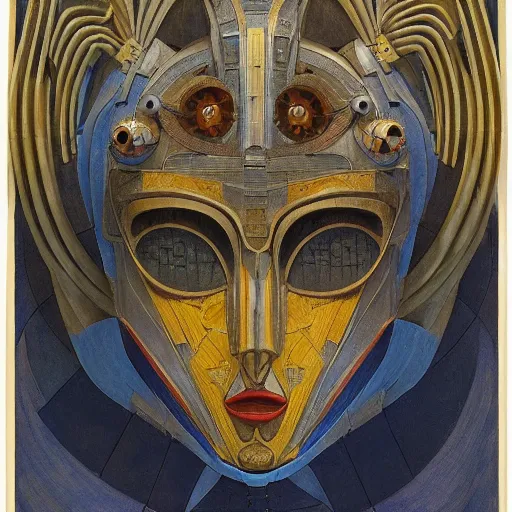 Image similar to the robot in her intricate mechanical mask, by annie swynnerton and diego rivera and kit williams and leo and diane dillon and nicholas roerich, symbolist, dramatic lighting, elaborate geometric ornament, art brut, god rays, soft cool colors, smooth, sharp focus, extremely detailed, adolf wolfli