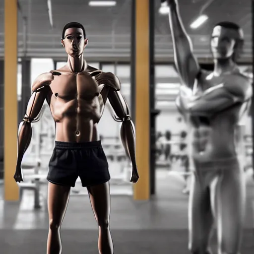 Image similar to a realistic detailed photo of a guy who is an attractive humanoid who is half robot and half humanoid, who is a male android, attractive and handsome jogger, shiny skin, posing like a statue, blank stare, in a factory, on display, showing off his muscles, wearing gym shorts, side view, looking at each other mindlessly