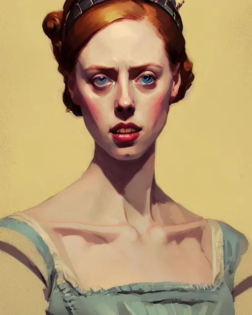 Prompt: hyper - realistic portrait of deborah ann woll as a jane austen character by atey ghailan, by greg rutkowski, by greg tocchini, by james gilleard, by joe fenton, by kaethe butcher, dynamic lighting, gradient light yellow, brown, blonde cream and white color scheme, grunge aesthetic