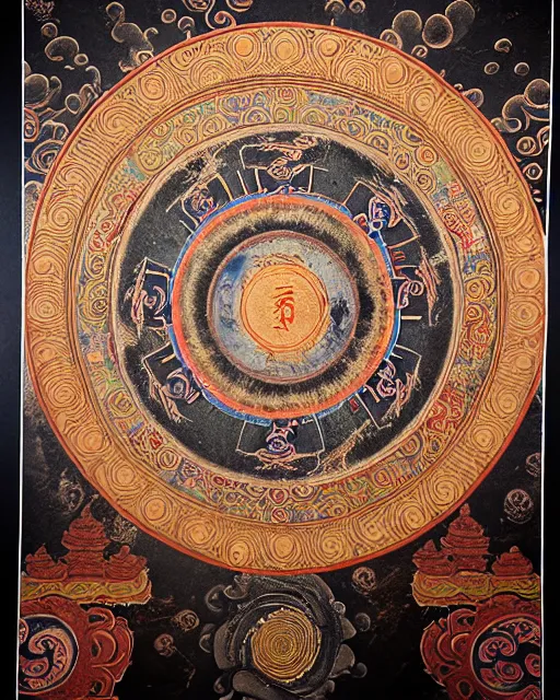 Image similar to a Thangka mandala painting and Tibetan calligraphy on Dark paper, old grunge and rotten paper, antique burnt edges, Tarot card, Tibetan text script, Tibetan manuscript, ultra realistic, sharp focus, symmetric, 8k high definition, insanely detailed, intricate, elegant, Hajime Sorayama, Octane render, unreal engine,