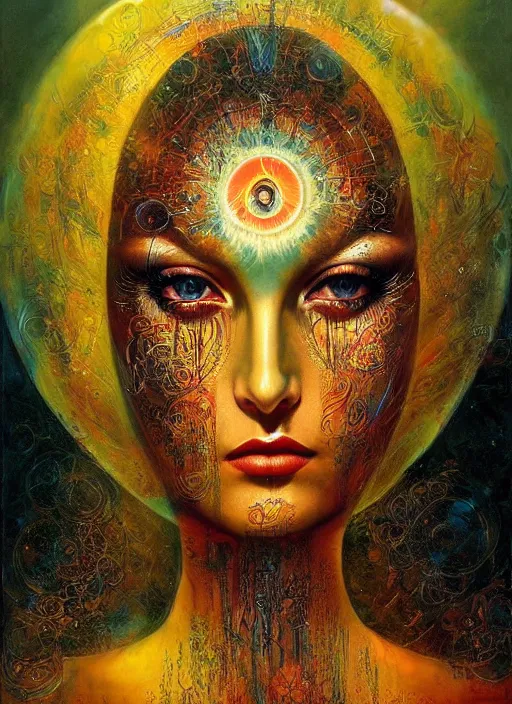 Prompt: magic enlightened cult psychic lovable woman, painted face, third eye, energetic consciousness psychedelic, epic surrealism expressionism symbolism, symmetrical face, by karol bak, masterpiece