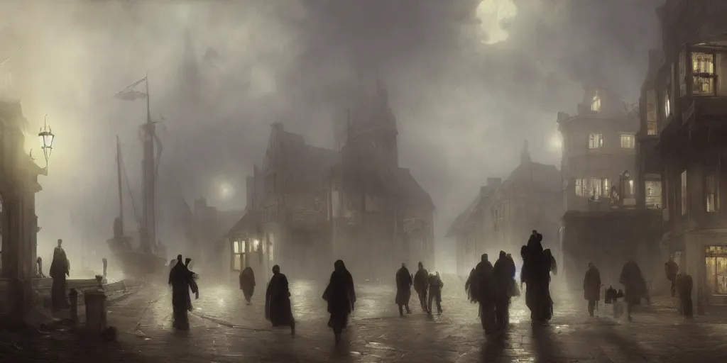 Image similar to streets of innsmouth during the night by the ocean, lovecraftian atmosphere, people standing up in front of the house, mystical fog, oil on canvas, art by andreas achenbach, clemens ascher, tom bagshaw and sabbas apterus,
