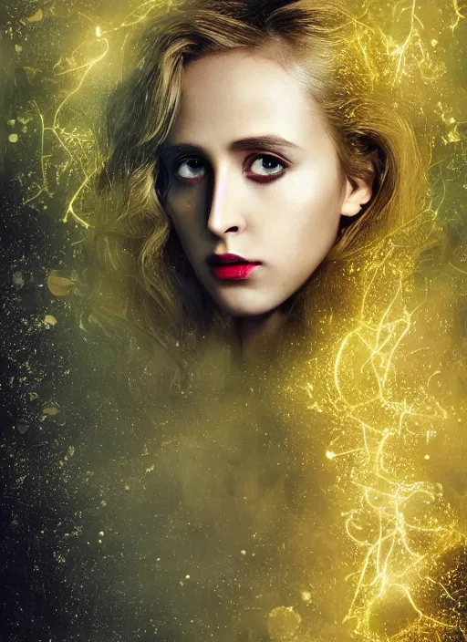 Image similar to glowing silver and golden elements, full close-up portrait, young female Ryan Gosling as a dark witch, book cover, green forest, white moon, red lips, establishing shot, extremly high detail, photo-realistic, cinematic lighting, pen and ink, intricate line drawings, by Yoshitaka Amano, Ruan Jia, Kentaro Miura, Artgerm, post processed, concept art, artstation, matte painting, style by eddie, raphael lacoste, alex ross