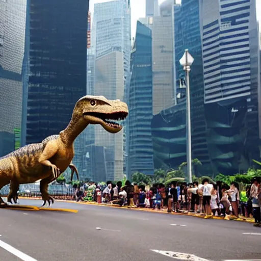 Image similar to a dinosaur terrorizes Singapore