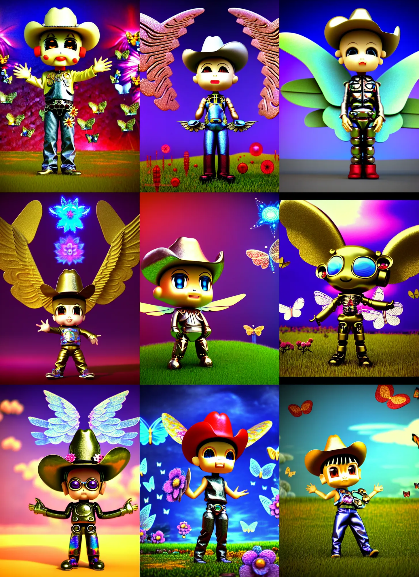 Prompt: vintage cgi 3 d render by ichiro tanida of a chibi cyborg metallic chao チャオgarden wearing angel wings and a cowboy hat, standing in a big psychedelic landscape background filled with 3 d butterflies and 3 d flowers n the style of micha klein, old cgi 3 d rendered bryce 3 d, wide frontal view