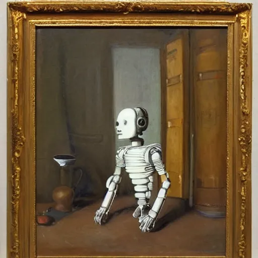 Image similar to android poete maudite, starving robot artist in a parisian garret, baudelaire, nineteenth - century domestic realism, oil on canvas