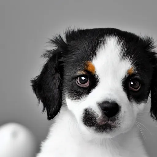 Image similar to a very cute puppy smiling. close-up. white ground. dark background. blach and white. single light source. 14mm lens. iso 100. diaphragm 1.4. shutter speed 1/350 W-1024