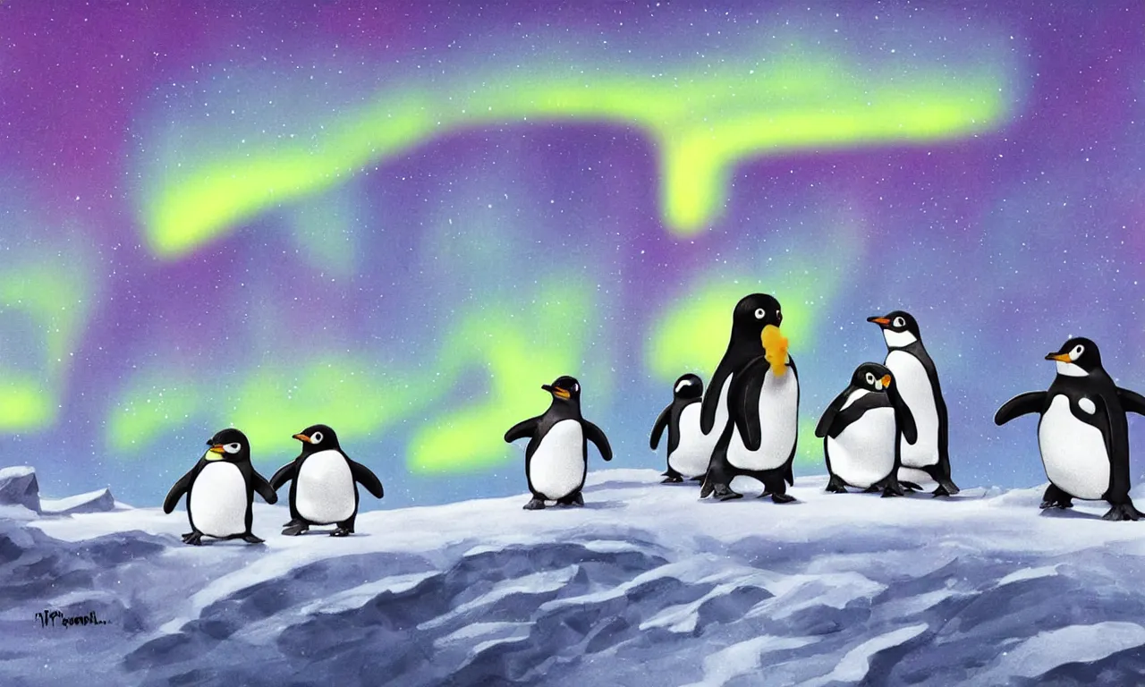 Prompt: Adorable Toon Penguins View the Northern Lights, art by Pixar Animation Studio