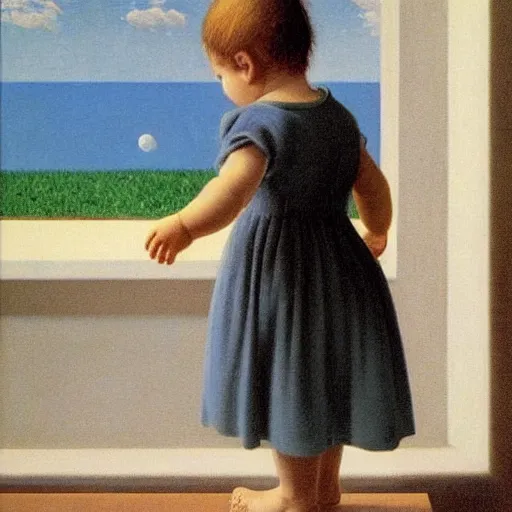 Prompt: a baby's first steps by Raphael, Hopper, and Rene Magritte. detailed, romantic, enchanting, trending on artstation.