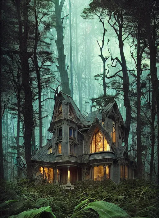 Image similar to hyper realistic witchy modern gothic house with mood lighting and tech in the woods gorgeous lighting, sunbeams blue sky, highly detailed, lush forest foliage painting by zdzisław beksinski and norman rockwell and greg rutkowski weta studio, and lucasfilm