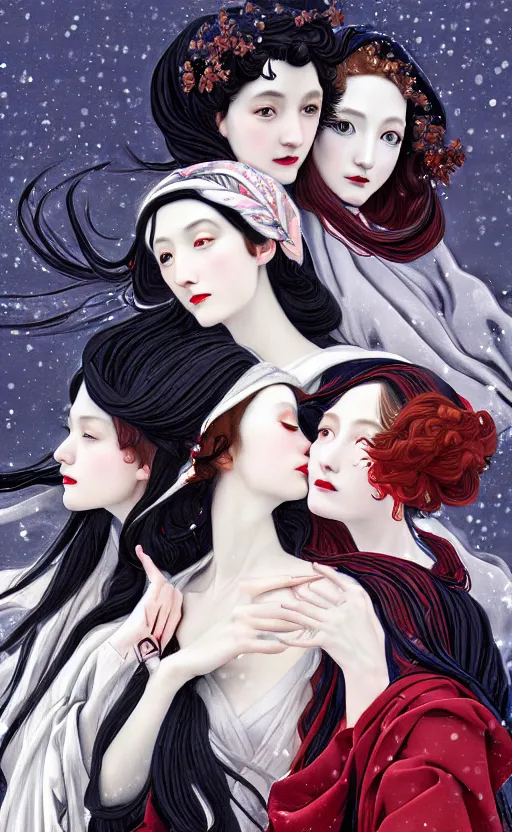 Image similar to 3 Figures as Winter Spirits, style is a blend of Peter Chung, Botticelli, and John Singer Sargent, inspired by pre-raphaelite paintings, shoujo manga, and Japanese city street fashion, dark and moody colors, hyper detailed, super fine inking lines, 4K extremely photorealistic digital art