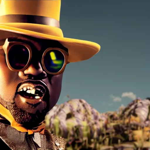 Image similar to Kanye West as willy wonka in fallout new vegas, splash art, movie still, cinematic lighting, dramatic, octane render, long lens, shallow depth of field, bokeh, anamorphic lens flare, 8k, hyper detailed, 35mm film grain