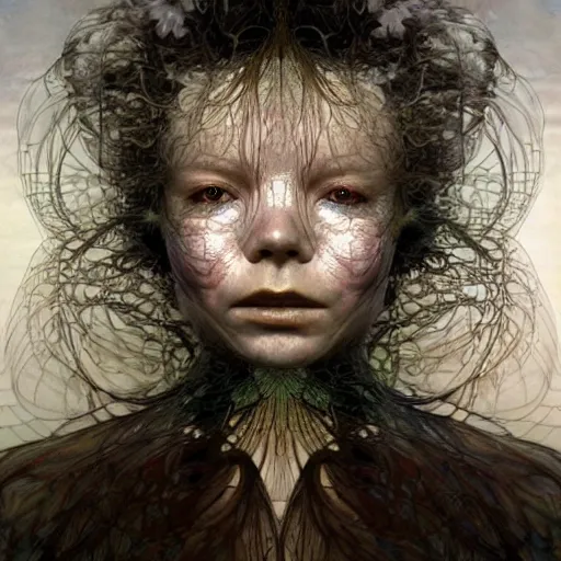 Prompt: bjork by zdzisław beksinski, iris van herpen, raymond swanland and alphonse mucha. highly detailed, hyper - real, beautiful