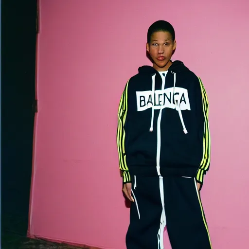 Image similar to realistic! photoshoot for a new balenciaga lookbook, color film photography, portrait of a beautiful woman wearing a track suit, photo in style of tyler mitchell, y2k!!!, 35mm lens