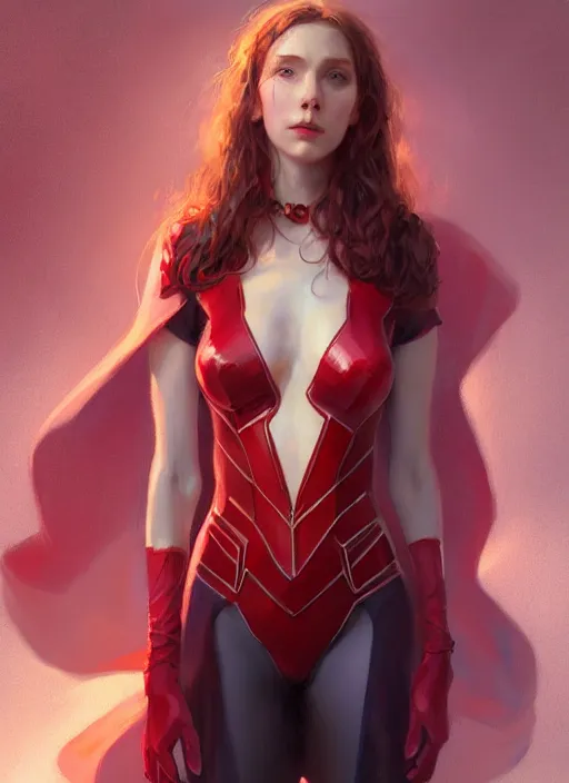 Image similar to Scarlet Witch, full body portrait, slight smile, highly detailed, digital painting, artstation, concept art, sharp focus, illustration, art by wlop and klimt and krenz cushart