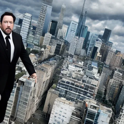 Prompt: Jon Favreau as clean-shaven Happy Hogan wearing a black suit and black necktie and black dress shoes is climbing a tall building in an urban city. The sky is filled with dark clouds and the mood is ominous.