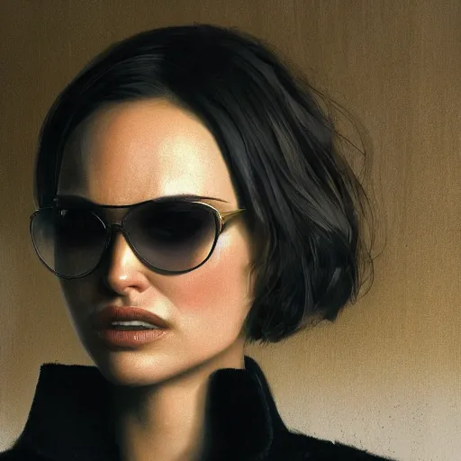 Image similar to closeup portrait of natalie portman from the movie leon the professional, hair in a blunt bob, hitman, city background, dramatic light, gorgeous view, depth, high detail, digital art, painted by greg rutkowski and seb mckinnon, by tim burton, trending on artstation