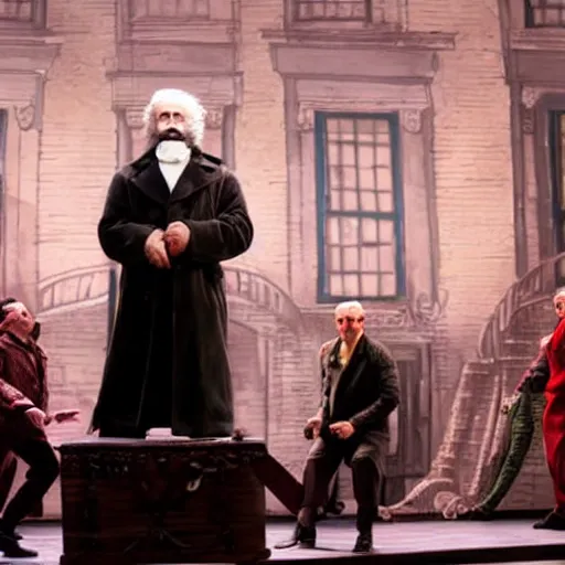 Image similar to a still from a broadway musical about karl marx produced by lin manuel miranda, journalistic photography