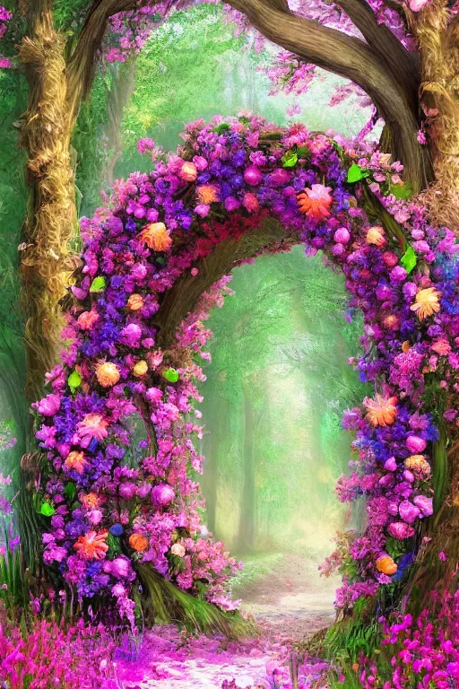 Prompt: A beautiful digital illustration painting of a floral archway in the woods, painted by Blair Leighton and Lisa Frank , 8k resolution deviantart trending on Artstation concept art digital illustration