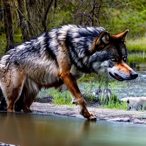 Image similar to A majestic and beautiful wild wolf out by a river with its head down taking a drink from the stream while it's ears are up and alert listening for danger with trees behind it, set in warm spring where it is sunny and windy, award winning, hyper realistic, 8k, photo