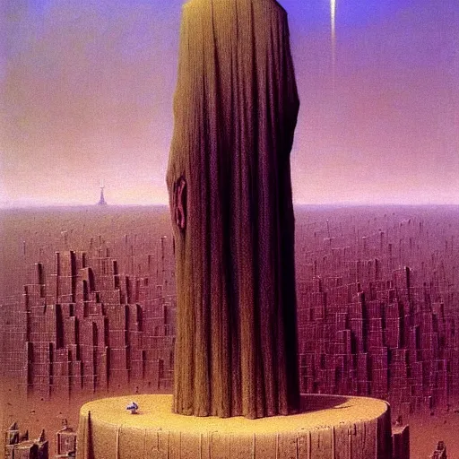 Image similar to a giant priest stands over a city painting by beksinski, barlowe colors. masterpiece painting