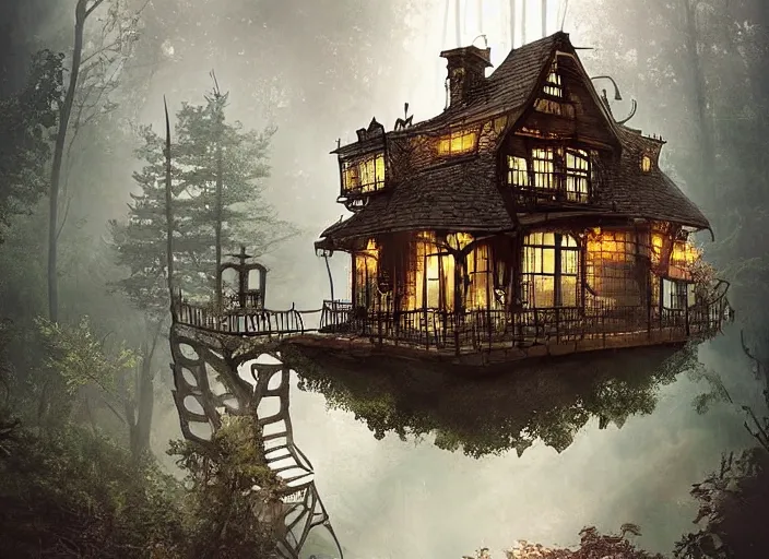 Image similar to house in a clearing in the middle of the forest, beautifully lit, steampunk, by lila alavardao